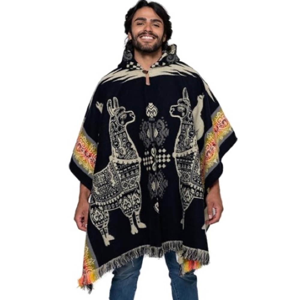 Alpaca Wool Hooded Poncho Llama Andean Handmade Fringe Boho Festival Unisex Cape - Picture 6 of 12